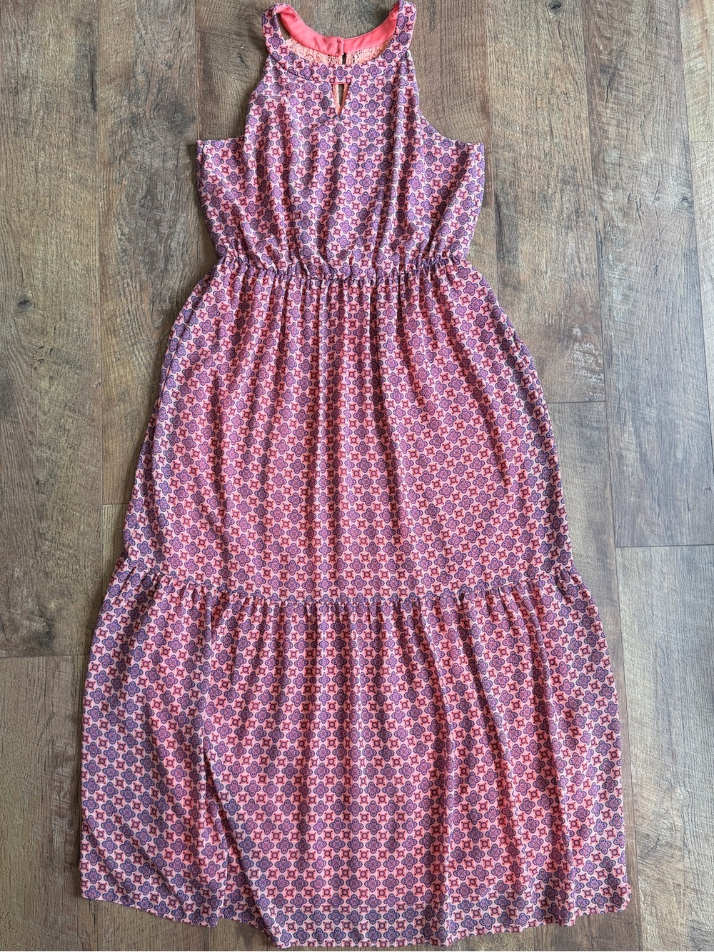 a.n.a Women’s Maxi Boho High Neck Sleeveless Lace Back Dress Tiered Orange 14